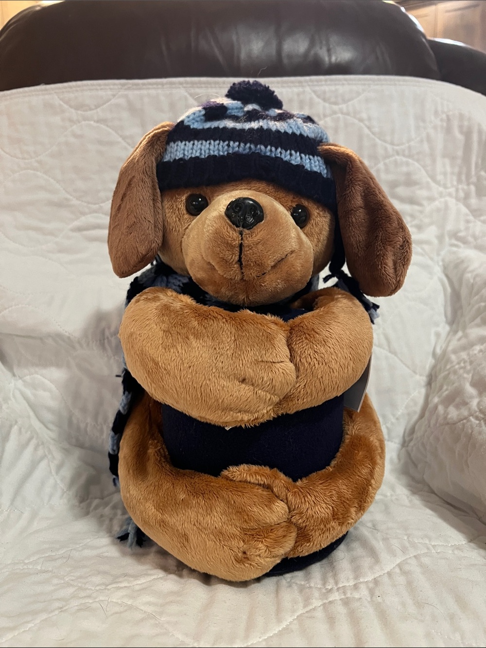 Plush Brown Dog with Navy and Light Blue Knit Hat and Scarf holding a blanket